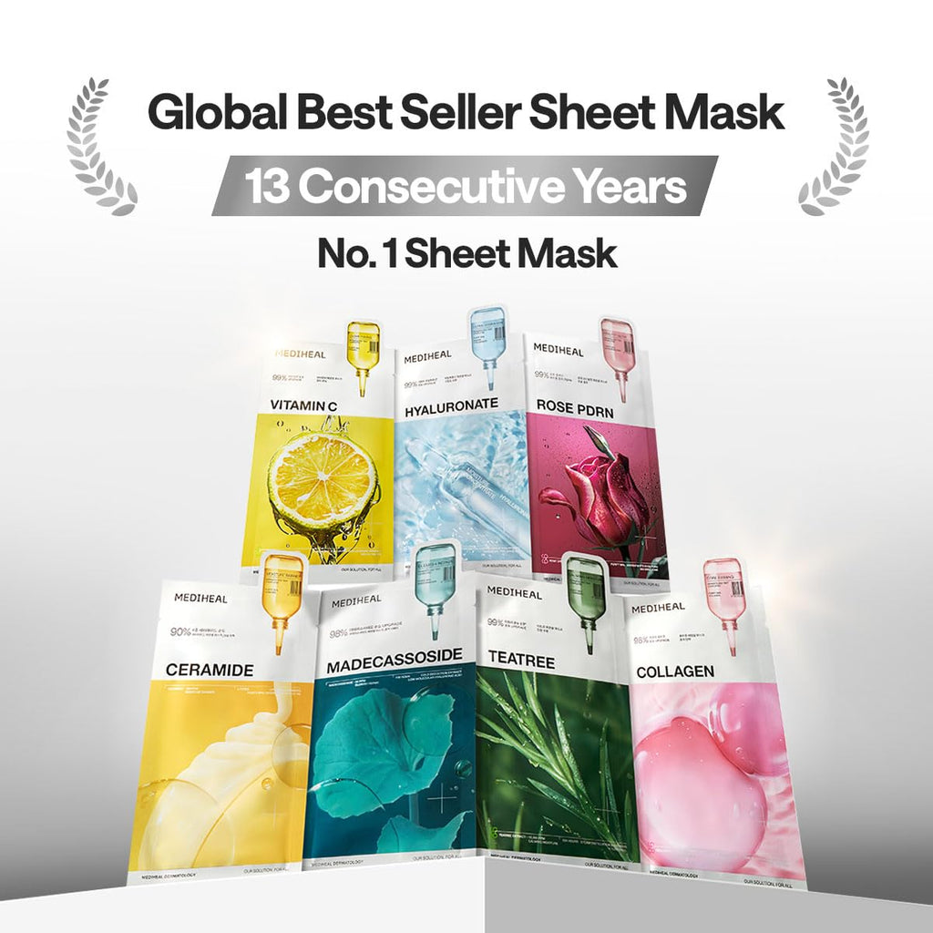 Mediheal Madecassoside Essential Sheet Mask Blemish Repair 10 pcs. 98% Purity Madecassoside & Hyaluronic Acid Included. Enhancing Moisture Barrier & Skin Texture Care. Vegan Formula Sheet Mask