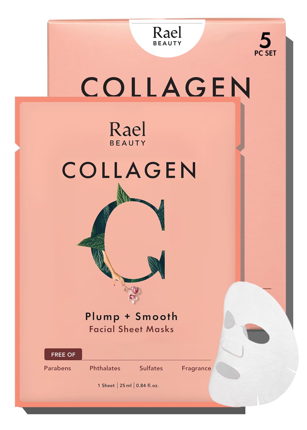 Rael Face Mask Skin Care, Collagen Face Masks - Bamboo Facial Sheet Mask, Korean Skincare, with Collagen Essence and Fruit Extracts, Nourishing and Moisturizing, All Skin Types (Collagen, 5 Sheets)