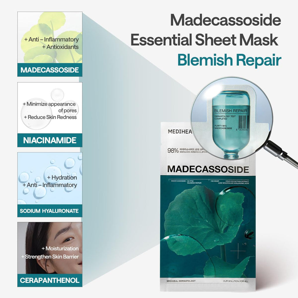 Mediheal Madecassoside Essential Sheet Mask Blemish Repair 10 pcs. 98% Purity Madecassoside & Hyaluronic Acid Included. Enhancing Moisture Barrier & Skin Texture Care. Vegan Formula Sheet Mask