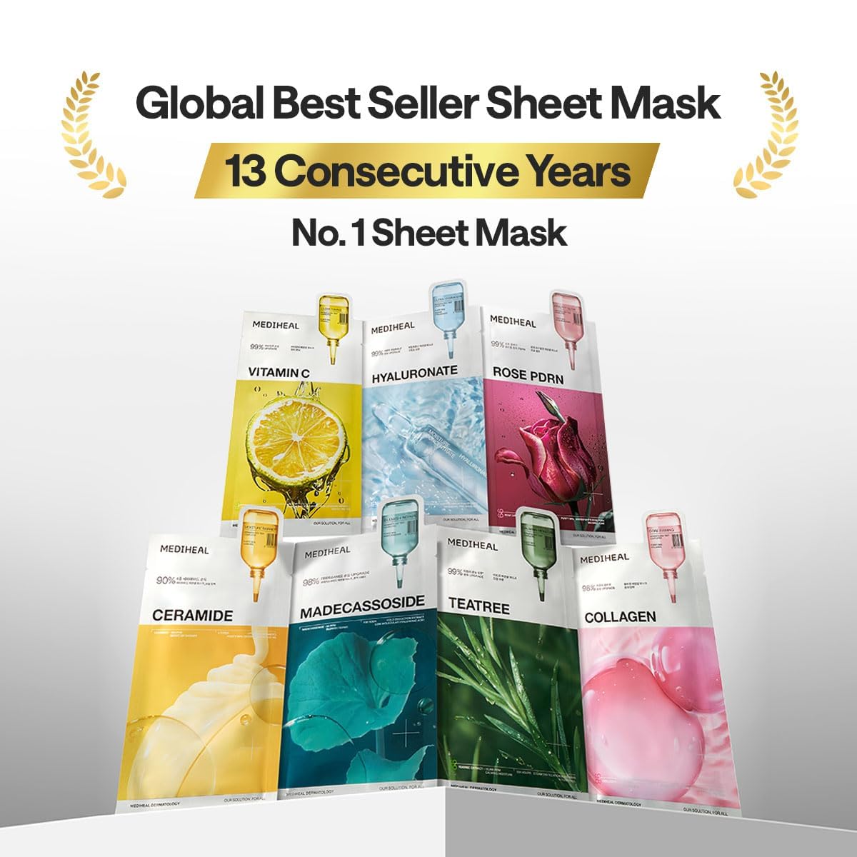 Mediheal Madecassoside Essential Sheet Mask Blemish Repair 10 pcs. 98% Purity Madecassoside & Hyaluronic Acid Included. Enhancing Moisture Barrier & Skin Texture Care. Vegan Formula Sheet Mask