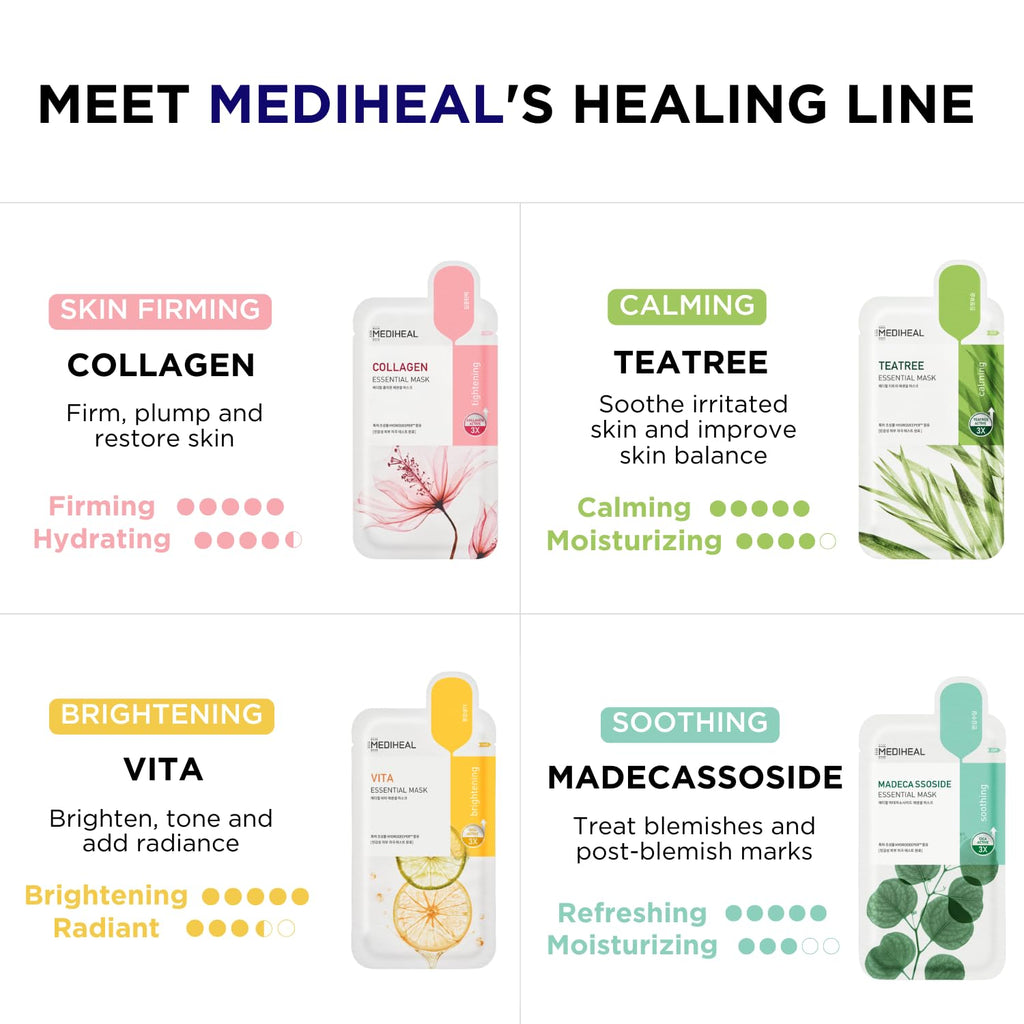 Mediheal Sheet Mask New Essential HERO 16 pack (Collagen, Tea Tree, Madecassoside, Vita) | Korean Skincare Facial Sheet Mask Combo Kbeauty Korean Glass Skin