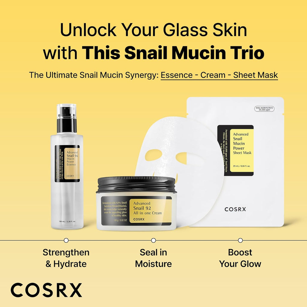 COSRX Snail Mucin Sheet Mask 10 EA with Snail Mucin Serum, Self Care, Face Masks for Dry, Sensitive Skin, Not Tested on Animals, No Parabens, No Sulfates, Korean Skin Care, Stocking Stuffers