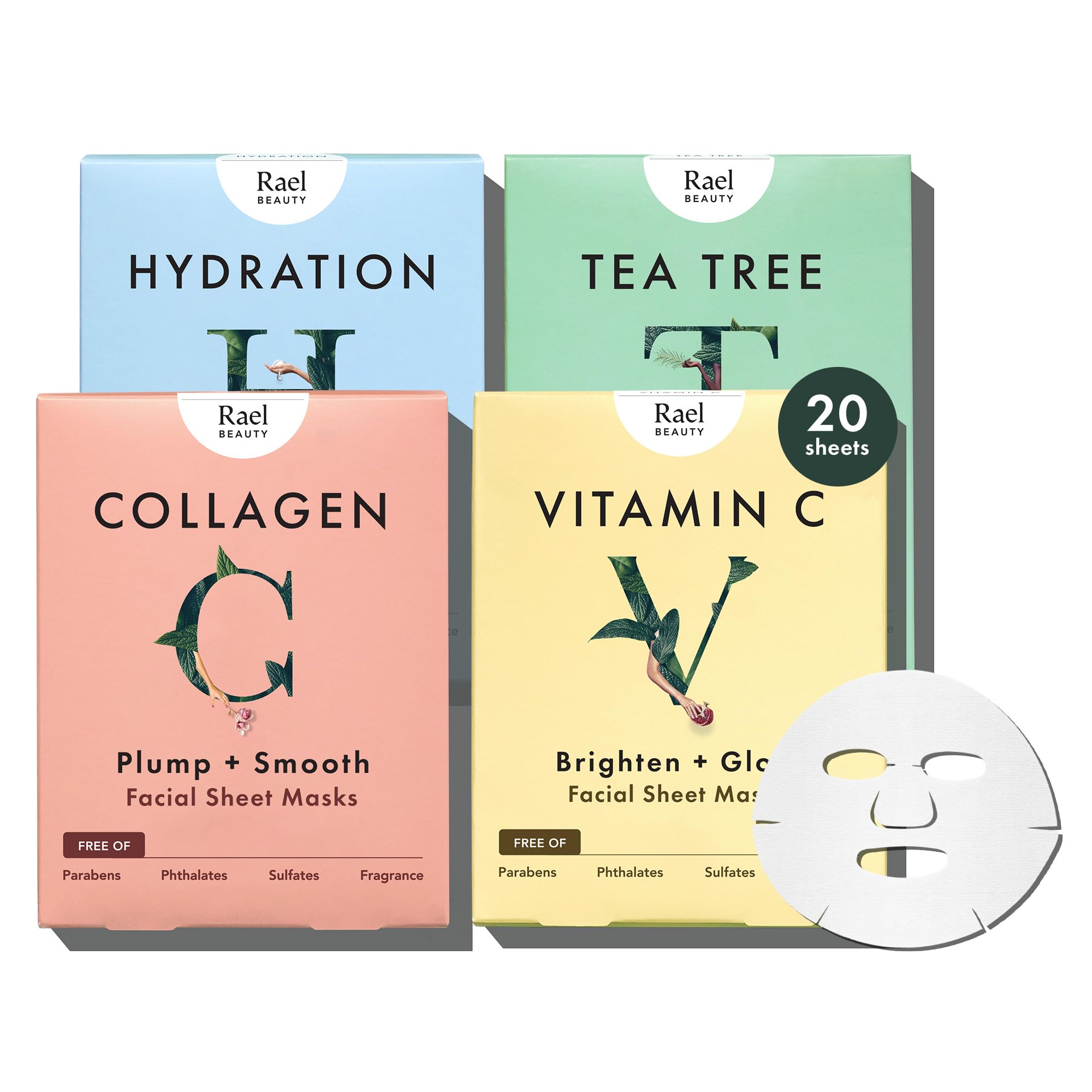 Rael Face Mask Skin Care, Collagen Face Masks - Bamboo Facial Sheet Mask, Korean Skincare, with Collagen Essence and Fruit Extracts, Nourishing and Moisturizing, All Skin Types (Collagen, 5 Sheets)